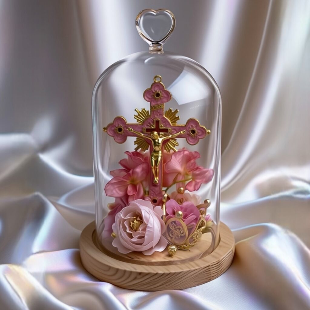 cloche avec crucifx rose